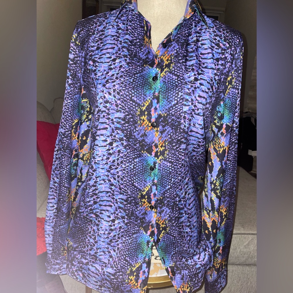 Purple snakeskin print button up oversized blouse